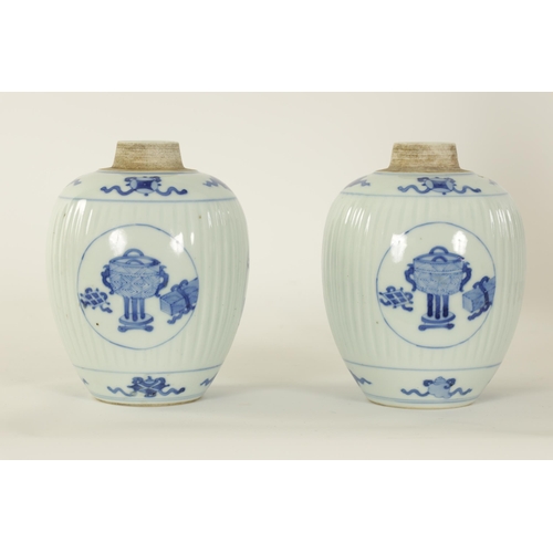 116 - A PAIR OF 19TH CENTURY CHINESE BLUE AND WHITE OVOID VASES the ribbed bodies decorated with panels de... 