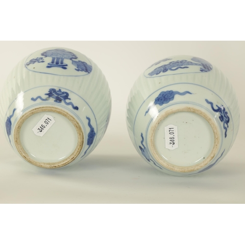 116 - A PAIR OF 19TH CENTURY CHINESE BLUE AND WHITE OVOID VASES the ribbed bodies decorated with panels de... 