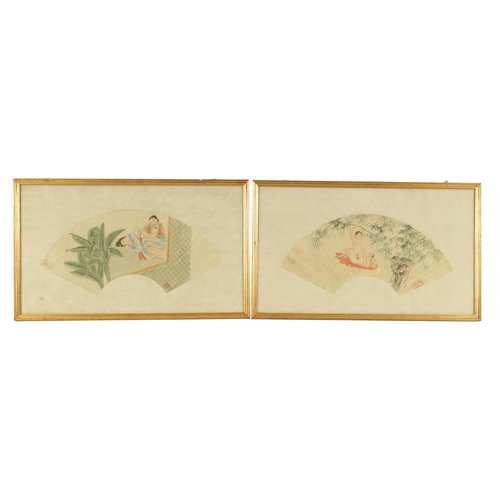 119 - A PAIR OF 19TH CENTURY CHINESE EROTIC FAN-SHAPED WATERCOLOURS - signed, in glazed gilt frames. (41cm... 