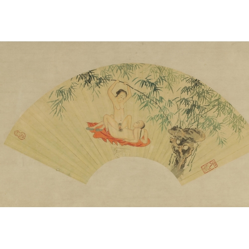 119 - A PAIR OF 19TH CENTURY CHINESE EROTIC FAN-SHAPED WATERCOLOURS - signed, in glazed gilt frames. (41cm... 