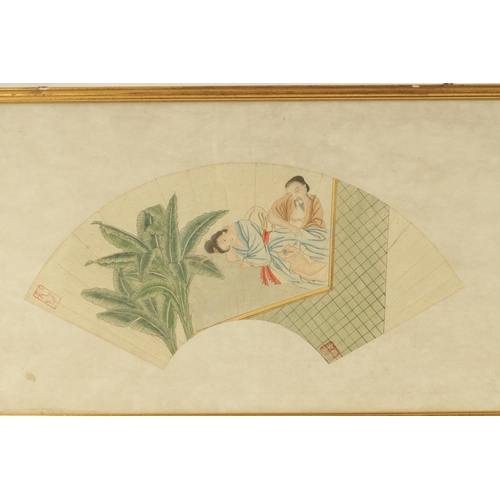 119 - A PAIR OF 19TH CENTURY CHINESE EROTIC FAN-SHAPED WATERCOLOURS - signed, in glazed gilt frames. (41cm... 