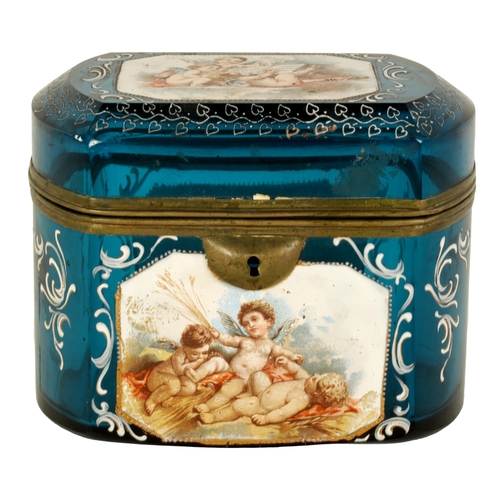 12 - A 19TH CENTURY BOHEMIAN BLUE GLASS AND ENAMEL CASKET decorated with three painted enamel panels depi... 