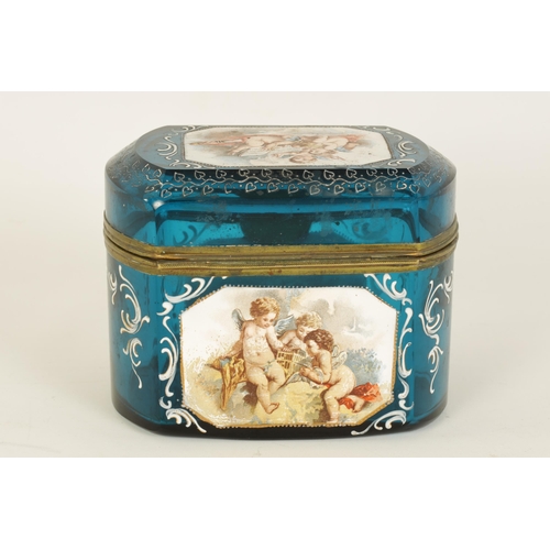 12 - A 19TH CENTURY BOHEMIAN BLUE GLASS AND ENAMEL CASKET decorated with three painted enamel panels depi... 