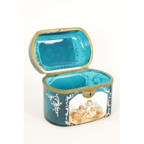 12 - A 19TH CENTURY BOHEMIAN BLUE GLASS AND ENAMEL CASKET decorated with three painted enamel panels depi... 