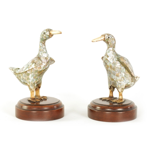 121 - A PAIR OF LATE 19TH CENTURY CHINESE MOTHER-OF-PEARL SCULPTURES MODELLED AS DUCKS with ivory beaks an... 