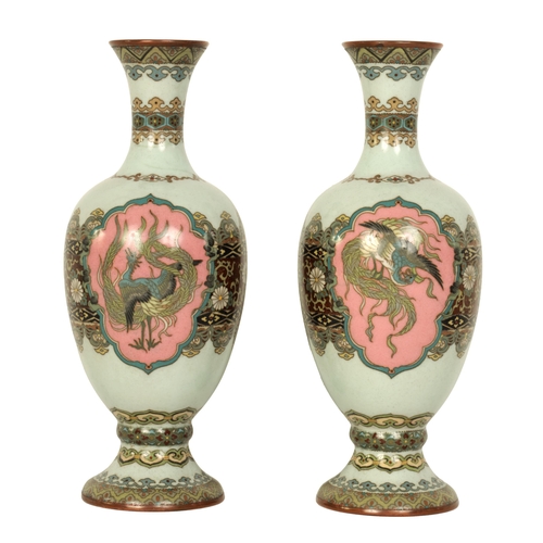 122 - A PAIR OF MEIJI PERIOD JAPANESE CLOISONNE VASES of footed baluster form with oval pink panels of exo... 