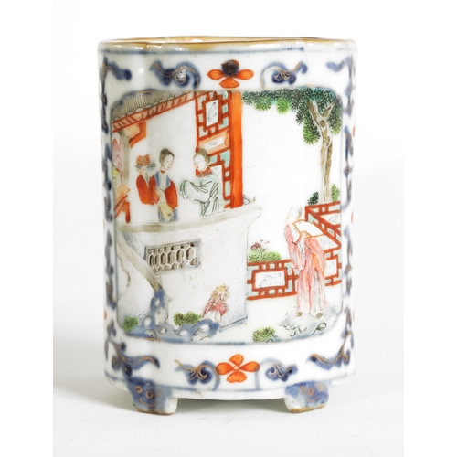 128 - AN EARLY 18TH CENTURY CHINESE PORCELAIN SPILL VASE of shaped form decorated with figures in garden s... 