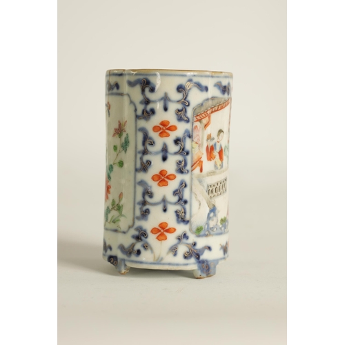 128 - AN EARLY 18TH CENTURY CHINESE PORCELAIN SPILL VASE of shaped form decorated with figures in garden s... 