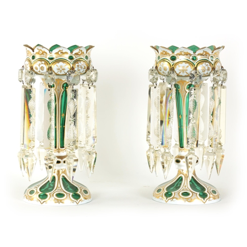 13 - A FINE PAIR OF 19TH CENTURY BOHEMIAN GREEN AND WHITE OVERLAY GLASS LUSTRES with gilt and floral pain... 