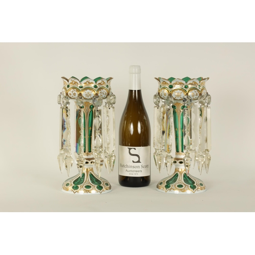 13 - A FINE PAIR OF 19TH CENTURY BOHEMIAN GREEN AND WHITE OVERLAY GLASS LUSTRES with gilt and floral pain... 