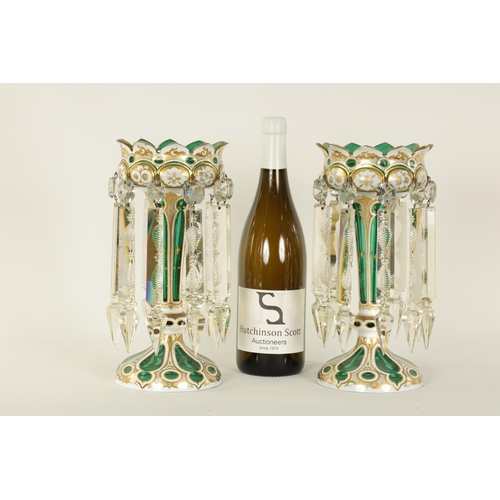 13 - A FINE PAIR OF 19TH CENTURY BOHEMIAN GREEN AND WHITE OVERLAY GLASS LUSTRES with gilt and floral pain... 