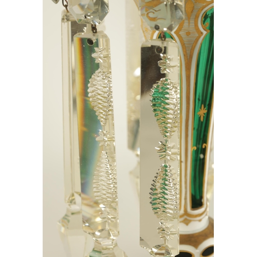 13 - A FINE PAIR OF 19TH CENTURY BOHEMIAN GREEN AND WHITE OVERLAY GLASS LUSTRES with gilt and floral pain... 