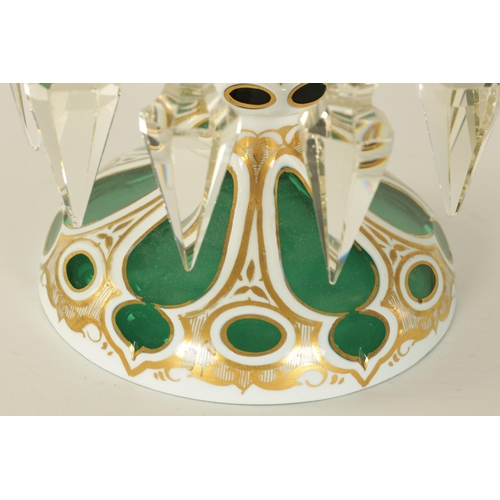 13 - A FINE PAIR OF 19TH CENTURY BOHEMIAN GREEN AND WHITE OVERLAY GLASS LUSTRES with gilt and floral pain... 