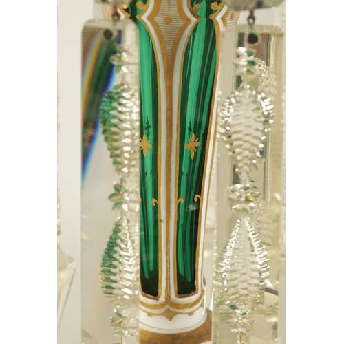 13 - A FINE PAIR OF 19TH CENTURY BOHEMIAN GREEN AND WHITE OVERLAY GLASS LUSTRES with gilt and floral pain... 