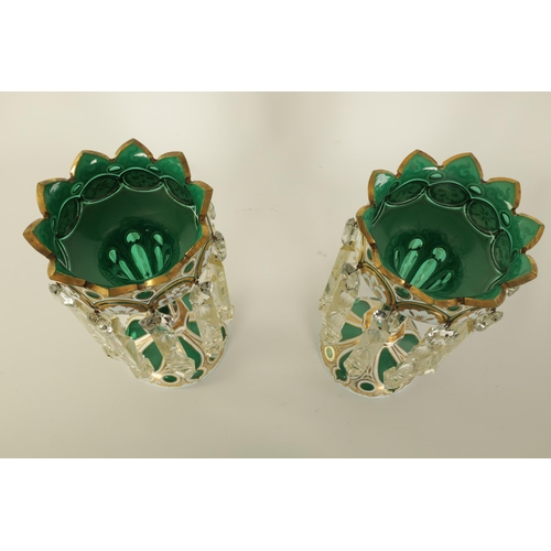 13 - A FINE PAIR OF 19TH CENTURY BOHEMIAN GREEN AND WHITE OVERLAY GLASS LUSTRES with gilt and floral pain... 