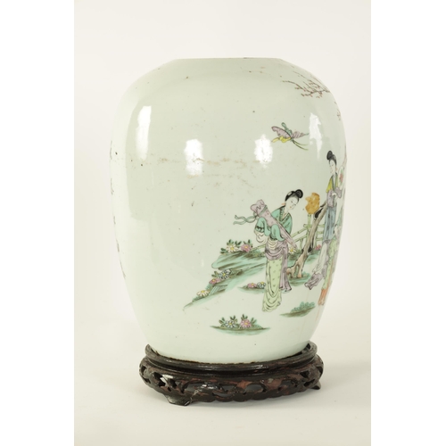 131 - AN EARLY 19TH CENTURY CHINESE FAMILLE VERTE GINGER JAR decorated with figures in a garden setting, r... 