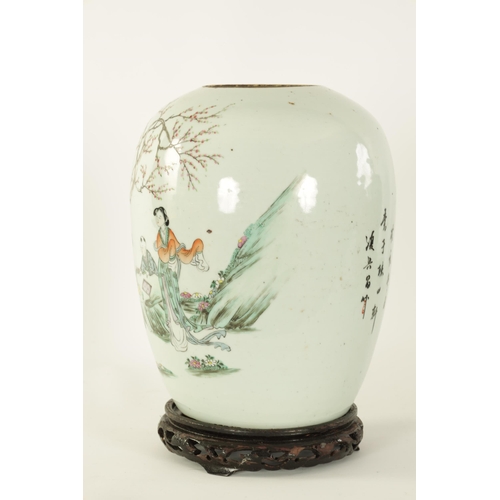 131 - AN EARLY 19TH CENTURY CHINESE FAMILLE VERTE GINGER JAR decorated with figures in a garden setting, r... 