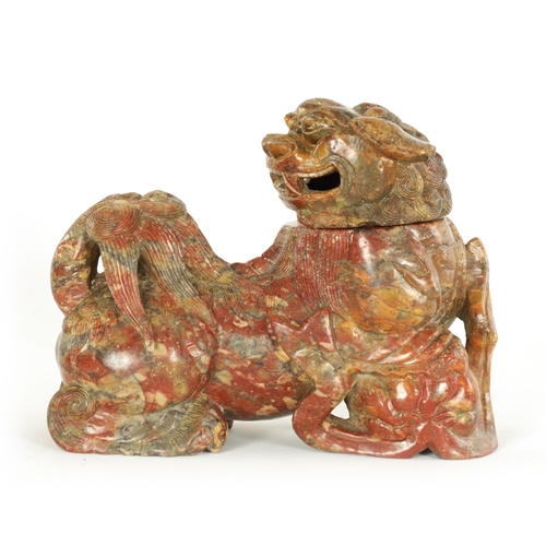 135 - AN EARLY CHINESE CARVED SOAPSTONE SCULPTURE OF A LIDDED FOO DOG finely carved and with lift-off head... 