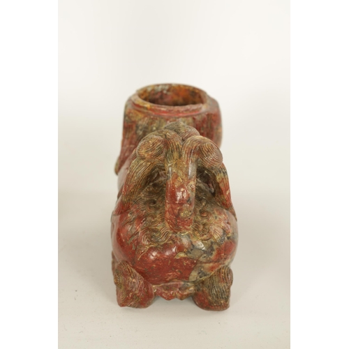 135 - AN EARLY CHINESE CARVED SOAPSTONE SCULPTURE OF A LIDDED FOO DOG finely carved and with lift-off head... 