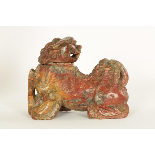 135 - AN EARLY CHINESE CARVED SOAPSTONE SCULPTURE OF A LIDDED FOO DOG finely carved and with lift-off head... 