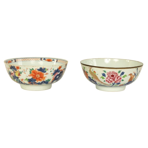 136 - TWO 18TH CENTURY CHINESE FAMILLE ROSE PORCELAIN BOWLS decorated with colourful chrysanthemum and oth... 