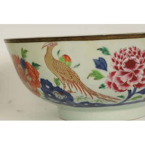 136 - TWO 18TH CENTURY CHINESE FAMILLE ROSE PORCELAIN BOWLS decorated with colourful chrysanthemum and oth... 