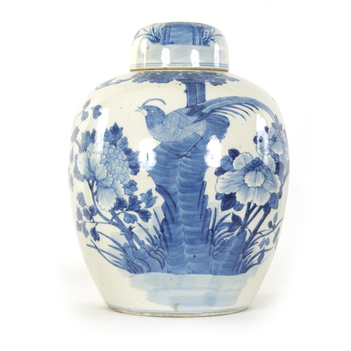 138 - A 19TH CENTURY CHINESE BLUE AND WHITE GINGER JAR AND COVER OF LARGE SIZE of shouldered tapering form... 