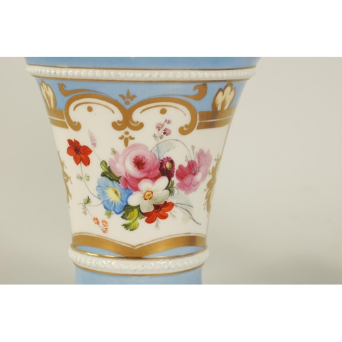 14 - A PAIR OF EARLY 19TH CENTURY SPODE TYPE SPILL VASES the flared pale blue ground bodies with beaded e... 