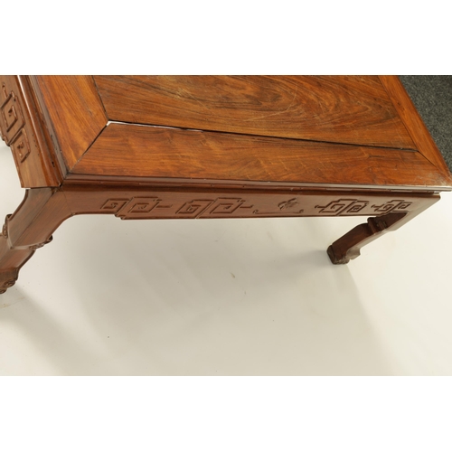 142 - A CHINESE HARDWOOD RECTANGULAR COFFEE TABLE with panelled top above a geometric carved base standing... 