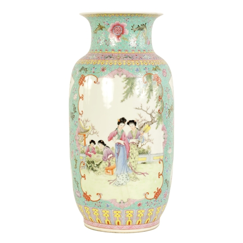 143 - A CHINESE REPUBLIC FAMILLE ROSE PORCELAIN VASE with flared neck and slightly tapered ovoid body deco... 