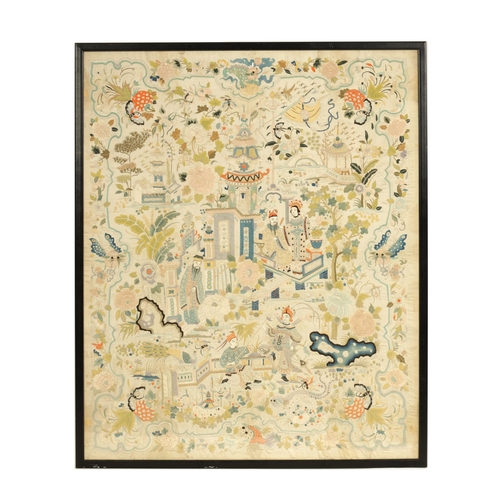 144 - A FINE 19TH CENTURY CHINESE EMBROIDERED SILK PANEL decorated with figures in a garden setting with f... 