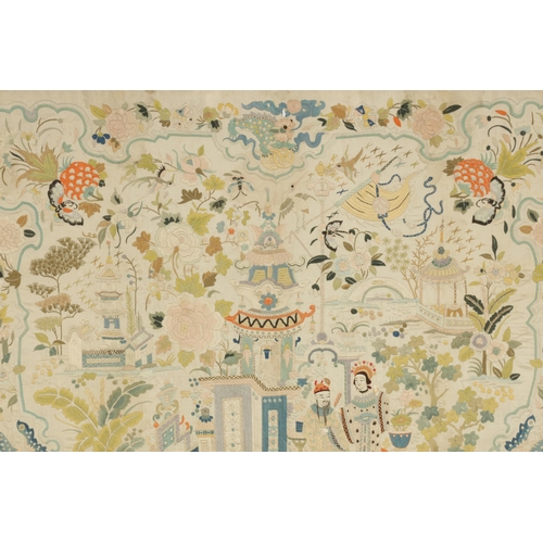 144 - A FINE 19TH CENTURY CHINESE EMBROIDERED SILK PANEL decorated with figures in a garden setting with f... 