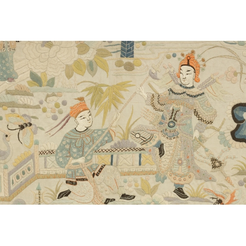 144 - A FINE 19TH CENTURY CHINESE EMBROIDERED SILK PANEL decorated with figures in a garden setting with f... 