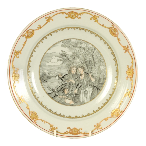 151 - A MID 18TH CENTURY CHINESE EXPORT PORCELAIN PLATE PAINTED EN GRISAILLE WITH EUROPEAN FIGURAL SCENE T... 