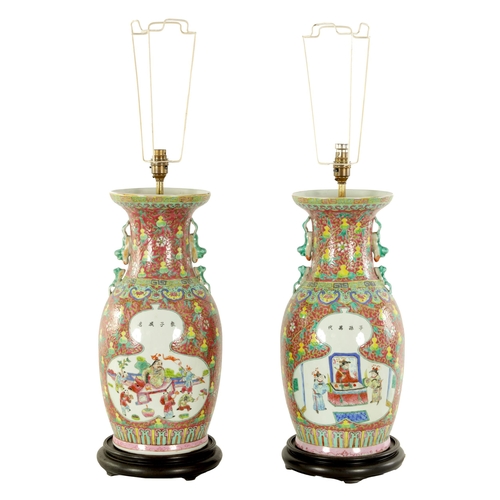 152 - A PAIR OF 19TH CENTURY CHINESE FAMILLE ROSE VASES CONVERTED TO LAMPS the brightly enamelled decorati... 