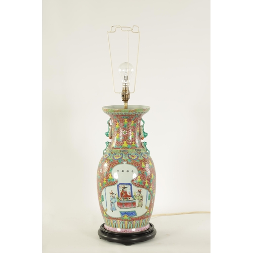 152 - A PAIR OF 19TH CENTURY CHINESE FAMILLE ROSE VASES CONVERTED TO LAMPS the brightly enamelled decorati... 