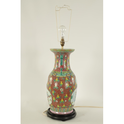 152 - A PAIR OF 19TH CENTURY CHINESE FAMILLE ROSE VASES CONVERTED TO LAMPS the brightly enamelled decorati... 