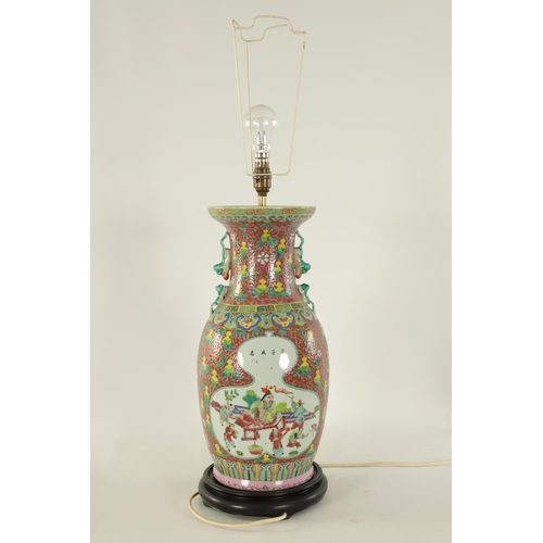 152 - A PAIR OF 19TH CENTURY CHINESE FAMILLE ROSE VASES CONVERTED TO LAMPS the brightly enamelled decorati... 