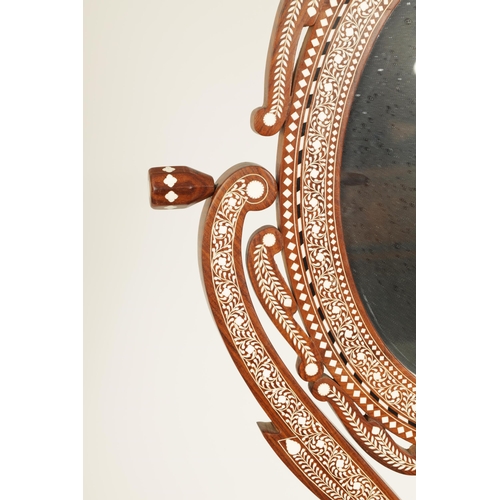 155 - AN EARLY 20TH CENTURY ANGLO INDIAN HARDWOOD AND BONE MARQUETRY INLAID ADJUSTABLE DRESSING MIRROR ON ... 