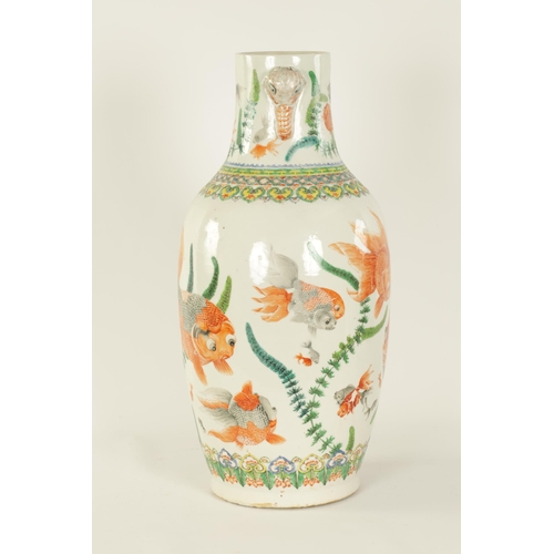 157 - A 19TH CENTURY CHINESE FAMILLE VERTE PORCELAIN VASE decorated with carp amongst seaweed - having sle... 