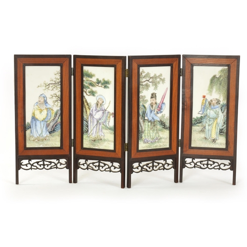 158 - A CHINESE REPUBLIC FOUR PANEL PORCELAIN INSET FOLDING TABLE SCREEN the sectional folding hardwood fr... 