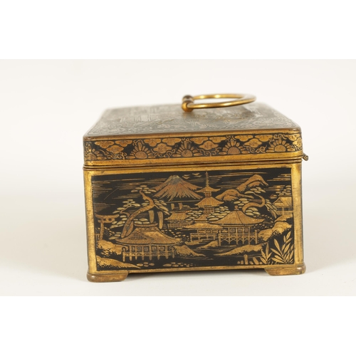 160 - A JAPANESE MEIJI PERIOD IRONWORK BOX with giltwork decoration depiciting pagodas in landscape settin... 