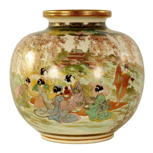 161 - A JAPANESE MEIJI PERIOD SATSUMA VASE of bulbous form with gilt and enamel painted decoration depicti... 