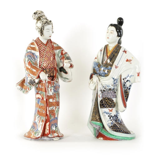 162 - A MATCHED PAIR OF 18TH/19TH CENTURY JAPANESE PORCELAIN GEISHAS finely modelled and decorated in colo... 