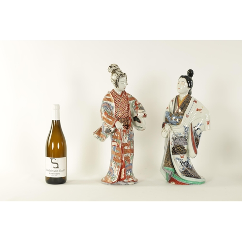 162 - A MATCHED PAIR OF 18TH/19TH CENTURY JAPANESE PORCELAIN GEISHAS finely modelled and decorated in colo... 