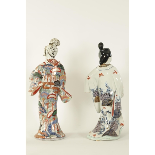 162 - A MATCHED PAIR OF 18TH/19TH CENTURY JAPANESE PORCELAIN GEISHAS finely modelled and decorated in colo... 