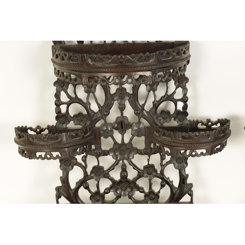 164 - A PAIR OF 19TH CENTURY CHINESE CARVED HARDWOOD HANGING SHELVES with pierced floral branchwork and bi... 