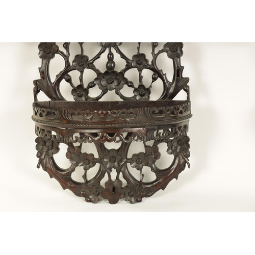 164 - A PAIR OF 19TH CENTURY CHINESE CARVED HARDWOOD HANGING SHELVES with pierced floral branchwork and bi... 