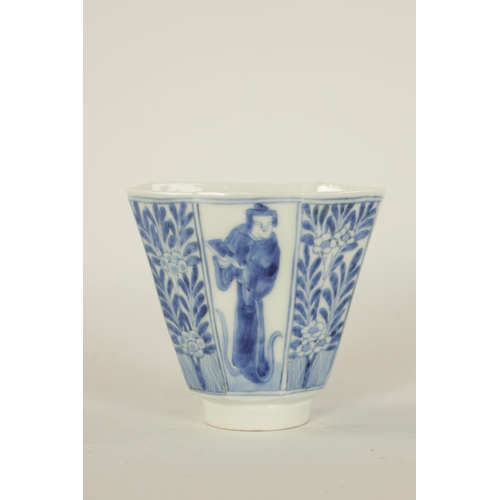 165 - AN 18TH CENTURY CHINESE KANGXI PERIOD BLUE AND WHITE PORCELAIN WINE CUP of octagonal tapering form r... 