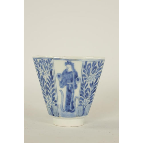 165 - AN 18TH CENTURY CHINESE KANGXI PERIOD BLUE AND WHITE PORCELAIN WINE CUP of octagonal tapering form r... 